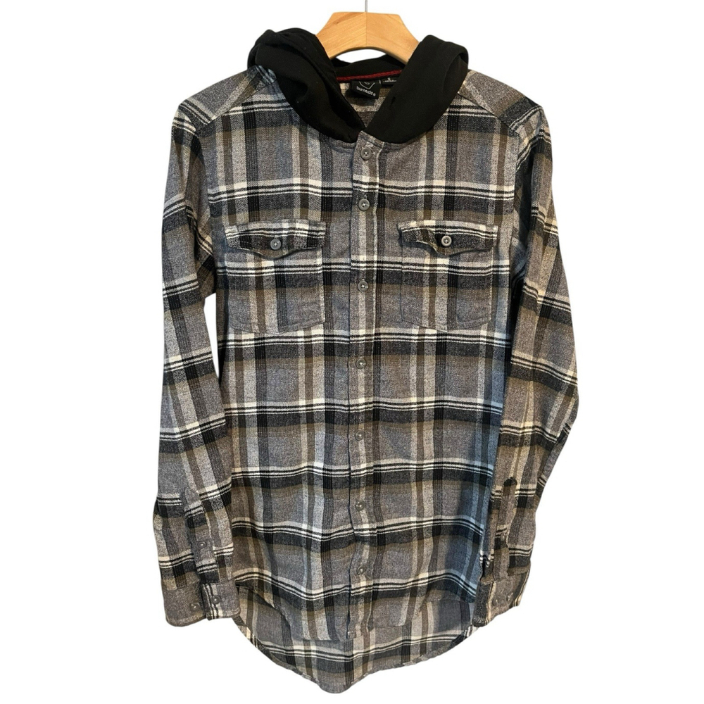 Burnside Mens Plaid Shirt Jacket Small Black Gray Hooded Flannel